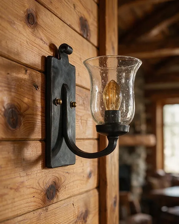 A close-up of a rustic wall sconce mounted on knotty wood paneling. The fixture has a black metal backplate and curved arm, with a clear glass shade around a warm-toned bulb.
