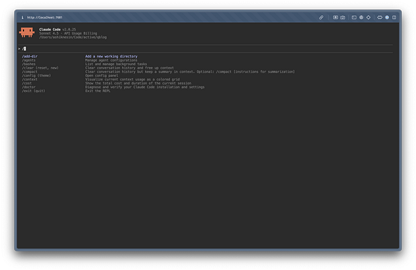 The image displays a terminal interface for Claude Code, showcasing various command options and their descriptions.