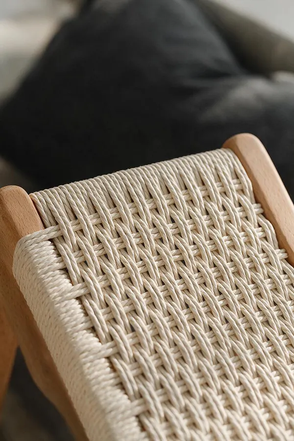 A close-up of a Scandinavian-style chair showing a tightly woven light rope seat or backrest framed by smooth natural wood. The background is softly blurred with a dark cushion, emphasizing the craftsmanship and texture of the chair detail.