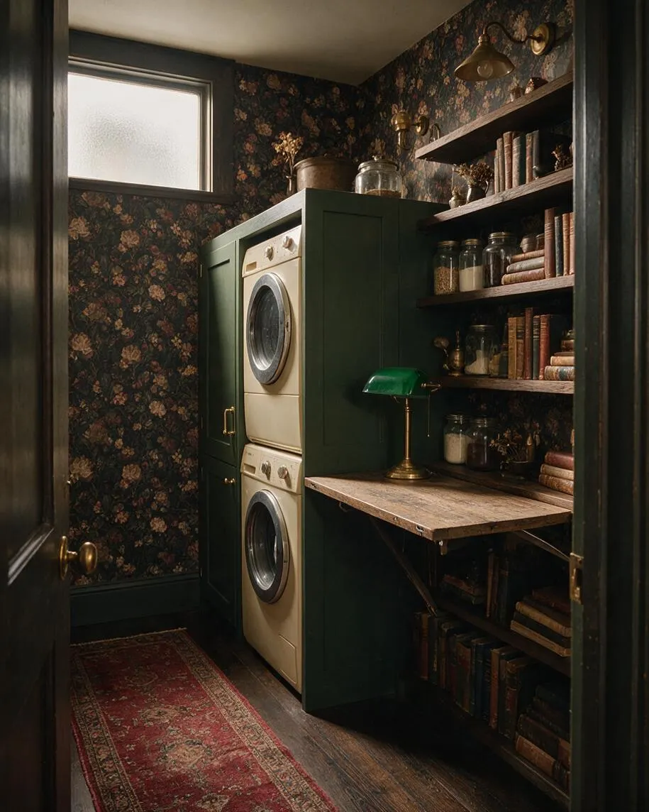 A narrow laundry room designed in dark academia style, with floral wallpaper, deep green cabinetry, stacked cream-colored washer and dryer, and open wooden shelves filled with jars and old books. A vintage brass lamp sits on a wooden folding surface above a worn red runner rug on dark wood flooring.