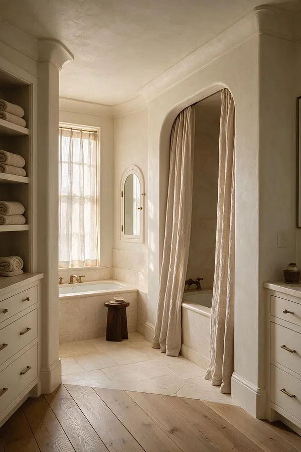 A serene bathroom in warm neutral tones features a built-in soaking tub beneath a window with sheer curtains, an arched shower opening with linen drape, and a small wooden stool. Cream cabinetry with brass pulls, a rounded wall mirror, and light stone finishes create a soft Organic Modern feel.