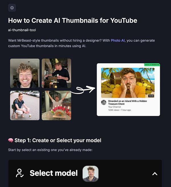 The image displays a guide for creating AI-generated thumbnails for YouTube using a tool called Photo AI.