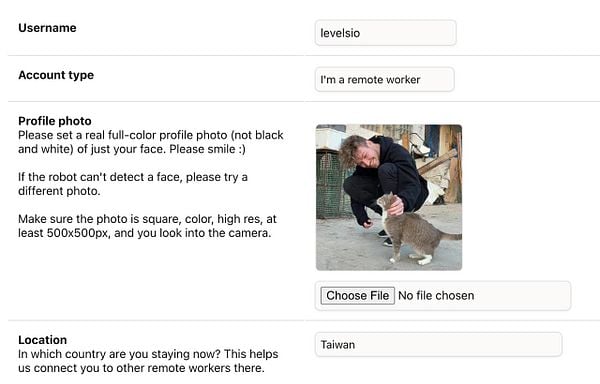 The image displays a user profile setup interface for a remote worker, featuring a profile photo section with a picture of a person and a cat.