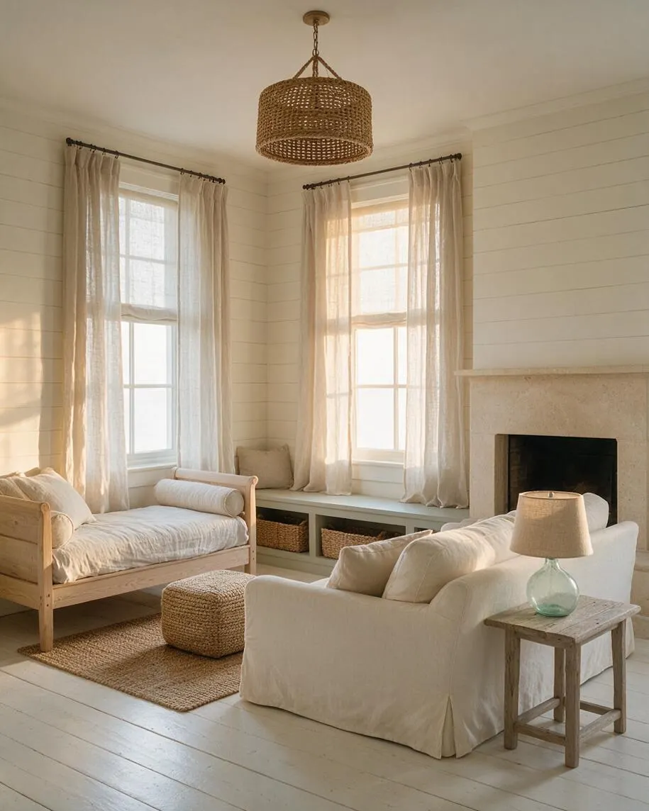 A bright studio apartment styled in coastal neutrals, with two tall windows dressed in sheer curtains, a woven pendant light, a light wood daybed, a cream slipcovered sofa, and a stone fireplace. Natural textures like jute, wicker, and wood create a soft, relaxed atmosphere.