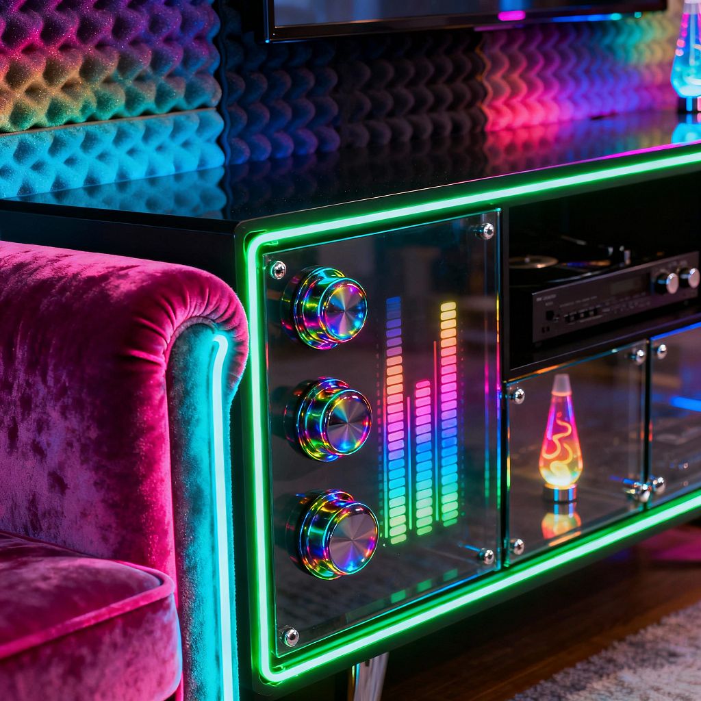 Close-up of a psychedelic media room with a fuchsia velvet sofa edged by cyan LED piping beside a glossy black console trimmed in neon green. The console features iridescent metal knobs and a clear panel printed with a rainbow equalizer, revealing audio equipment and a glowing lava lamp, while wave-pattern acoustic foam on the wall catches multicolor light, creating a vivid, retro-futurist atmosphere.