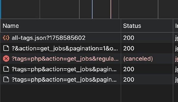 The image displays a network request log showing various API calls and their statuses.