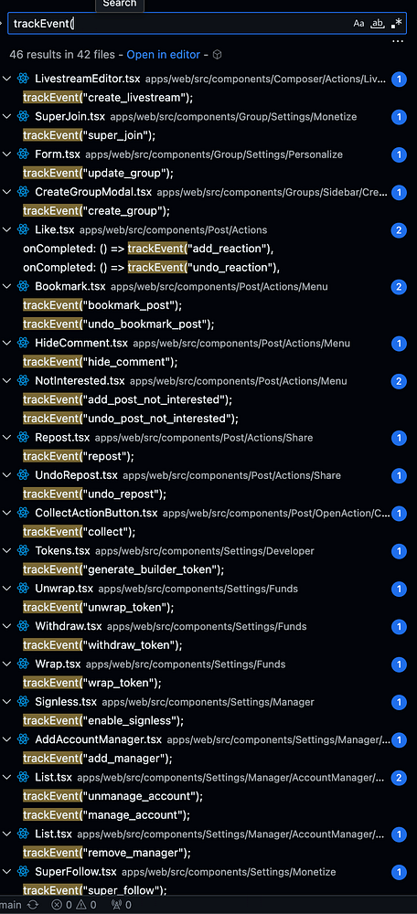 The image displays a code editor interface showing search results for the 'trackEvent' method across multiple files.