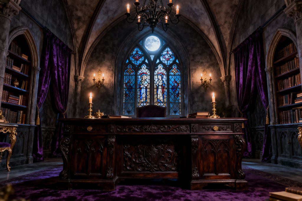 A grand Gothic home office features a deep, carved wood desk centered before a tall pointed-arch stained-glass window, with the moon visible beyond. Candlelit brass sconces and a chandelier illuminate gray stone vaults, floor-to-ceiling bookcases set in arched niches, and rich purple velvet curtains and rug; gilded accents, an upholstered purple chair, and scattered books complete the dramatic, medieval-inspired workspace.