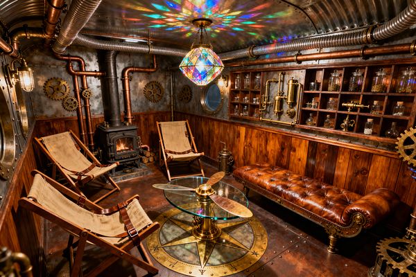 A compact steampunk living room styled like a submarine features riveted metal walls above rich wood paneling, copper pipes, and gear details. A cast-iron stove glows beside canvas sling chairs around a round glass table with a brass propeller base set on a compass-rose floor, facing a tufted cognac leather daybed; cubby shelves hold apothecary jars and brass valves, while a faceted glass pendant casts multicolored reflections across the corrugated ceiling and porthole window.