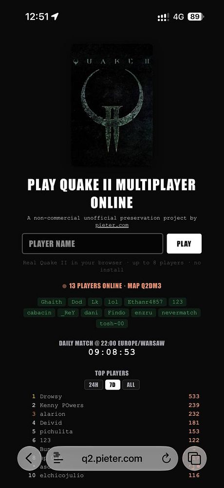 Mobile webpage interface for playing Quake II multiplayer online with a player list, player count, map info, daily match timer, and top players leaderboard.