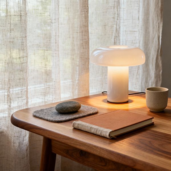 Close-up of a Scandinavian home office vignette: a rounded-edge walnut desk holds a white opal-glass mushroom lamp casting a warm glow beside a rust cloth-bound notebook, a speckled stoneware cup, and a smooth river stone resting on a gray wool-felt pad. Sheer beige linen curtains behind the desk diffuse natural light, creating a soft, calm atmosphere.