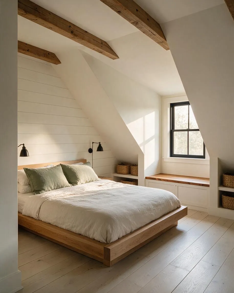 A bright farmhouse master bedroom with a low wooden bed platform, crisp white bedding, and muted green pillows. White shiplap walls, exposed rustic ceiling beams, black wall sconces, a built-in window seat, and woven baskets create a warm, serene space.