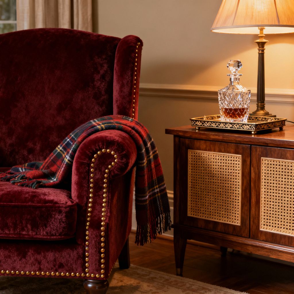 A traditional media room vignette shows a burgundy velvet armchair with rolled arms and brass nailhead trim, draped with a red and navy tartan throw. Beside it stands a walnut media cabinet with woven cane doors, topped by a brass lamp with a beige shade and a black-and-gold tray holding a cut crystal decanter. Warm light washes beige walls with chair-rail molding, taupe curtains, hardwood flooring, and a light rug.