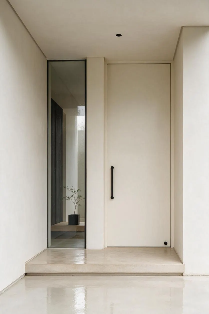 A minimalist exterior entry with smooth white walls, a flush cream front door, a slim black vertical handle, and a tall narrow glass sidelight beside it. The glossy pale floor and simple step create a calm, pared-back entrance with a quiet modern feel.