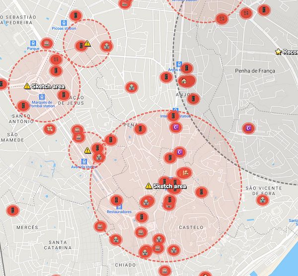 Map of Los Angeles with highlighted 'sketch areas' around phone repair shops and pawn shops, marked in red dots and yellow stars