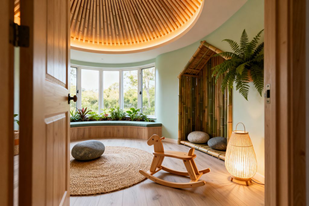 A kids' room in biophilic style features a curved bay window with a built-in planter bench filled with leafy plants, mint walls, and light wood floors. A radial wood-slat ceiling with warm recessed lighting, a round jute rug with a wooden rocking horse, a bamboo house-shaped reading nook with pebble-like cushions, a hanging fern, and a softly glowing rattan floor lamp create a calming, nature-inspired space.