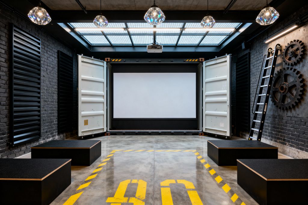 A media room styled like a workshop features a large projection screen set within the open doors of a white shipping container. The space has matte black brick walls with louvered panels, oversized metal gears and a black ladder on one side, and a polished concrete floor stenciled with yellow hazard stripes. A gridded skylight, linear strip lights, faceted glass pendants, and a ceiling-mounted projector complete the industrial scene.