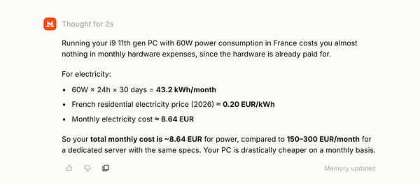 Diagram comparing the monthly rental value and electricity cost of a home PC used as a server, plus an upgraded UPS setup.