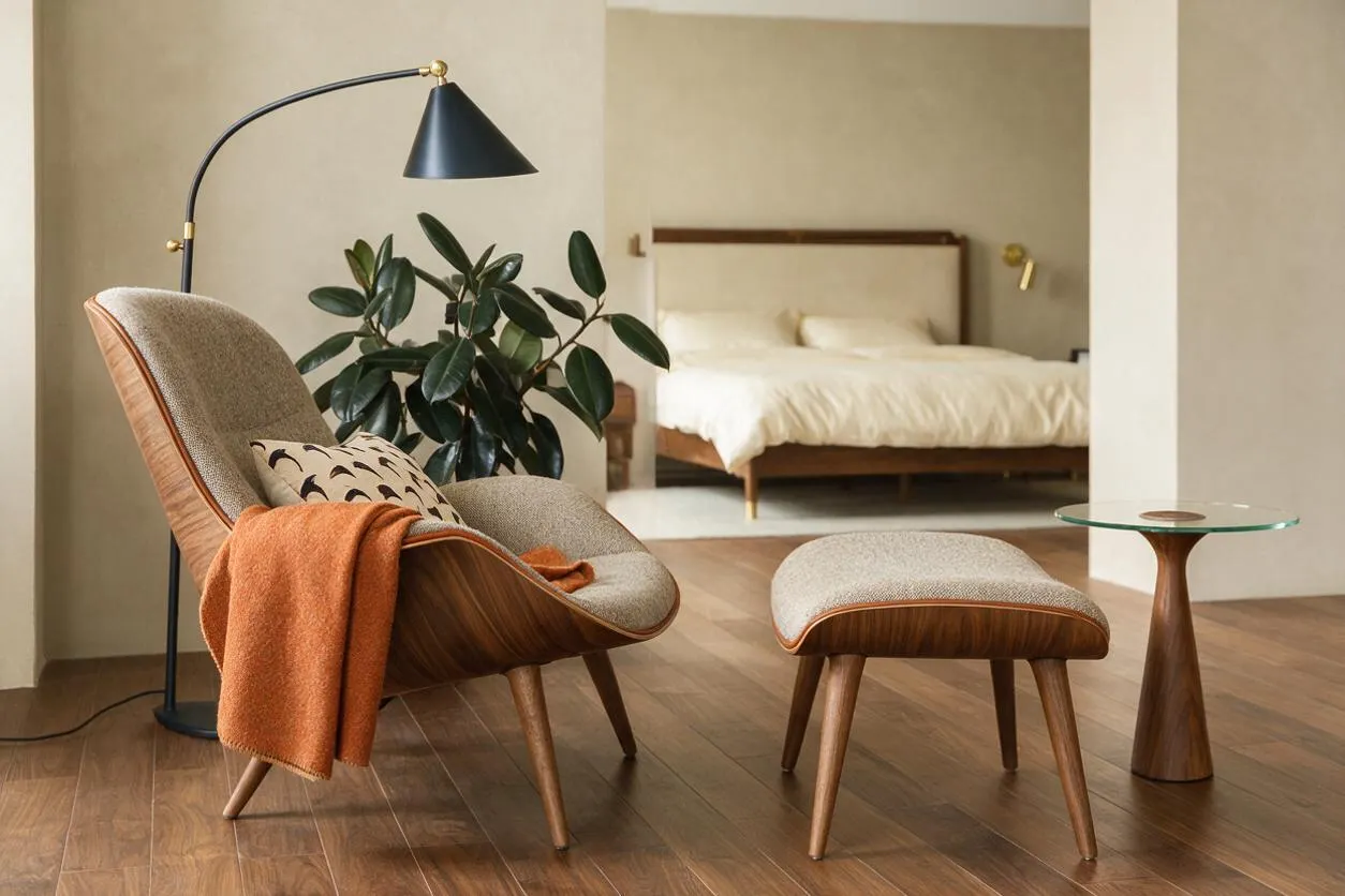 A Mid-Century Modern master bedroom with a low wood bed, creamy bedding, and a large mirror reflecting the room. In the foreground, an upholstered lounge chair with an ottoman, a black arched floor lamp, a potted plant, and a small glass side table sit on warm wood flooring in a calm neutral palette.