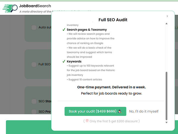 The image displays a service offering for a Full SEO Audit tailored for job board owners.