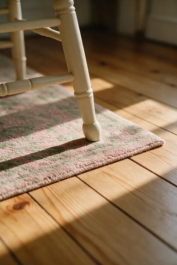 A close-up of a painted cream wooden chair leg resting on a small woven rug with soft pink and green tones atop warm honey-colored wood plank flooring. Sunlight casts gentle shadows across the floor, creating a cozy cottage-like atmosphere.
