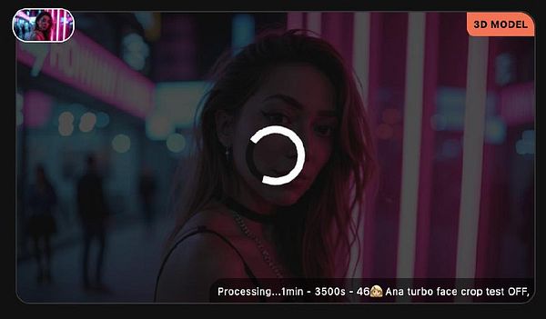 A loading screen for a 3D model processing task featuring a woman in a vibrant, neon-lit environment.