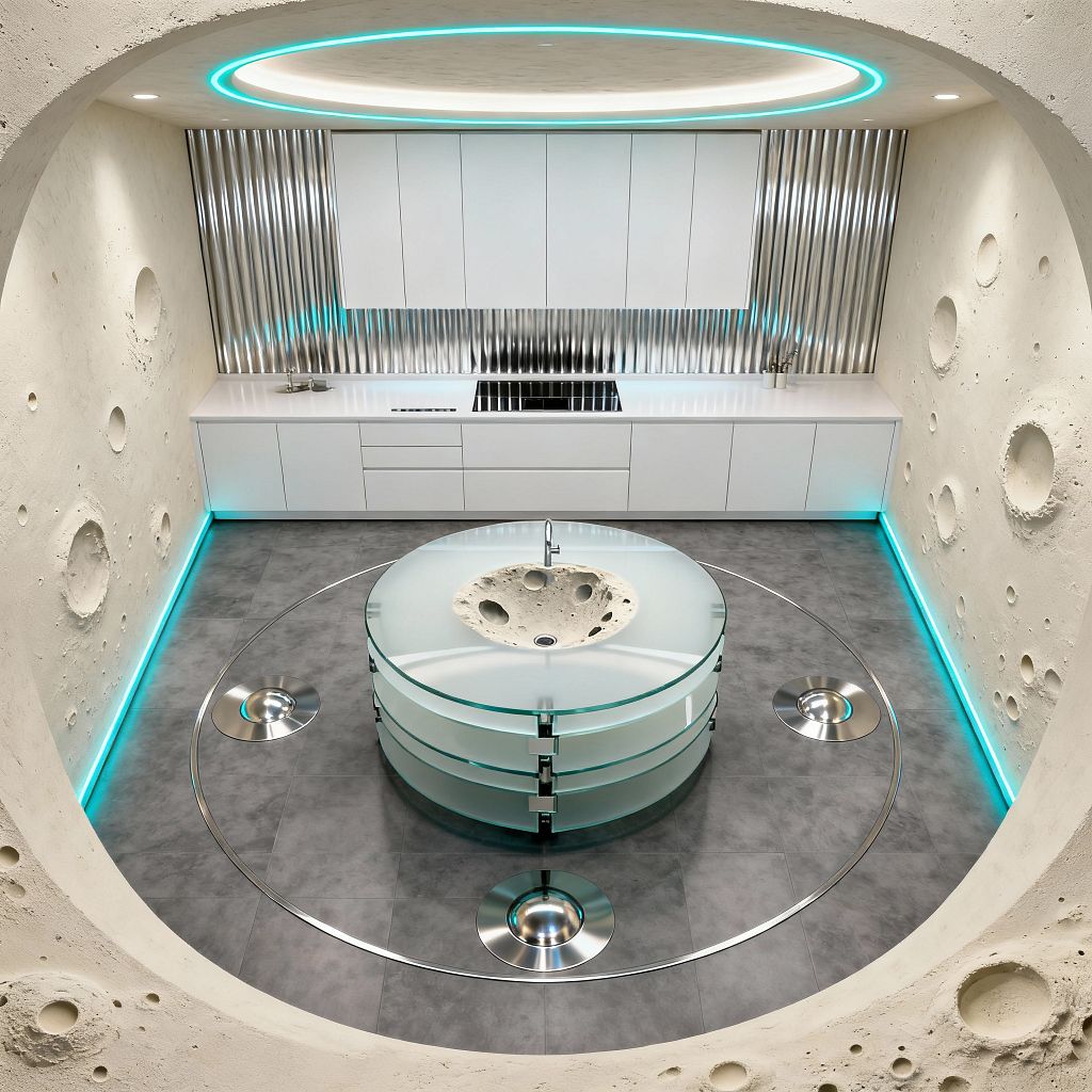 Futuristic laundry room with arched, moon-like plaster walls carved with craters and teal LED strips along the floor and a circular ceiling cove. A central round island made of stacked frosted-glass discs surrounds a cratered stone sink with a gooseneck faucet; the back wall features handleless white cabinets, a seamless white countertop, and a corrugated stainless backsplash, all set on large gray porcelain tiles with four polished metal floor insets.