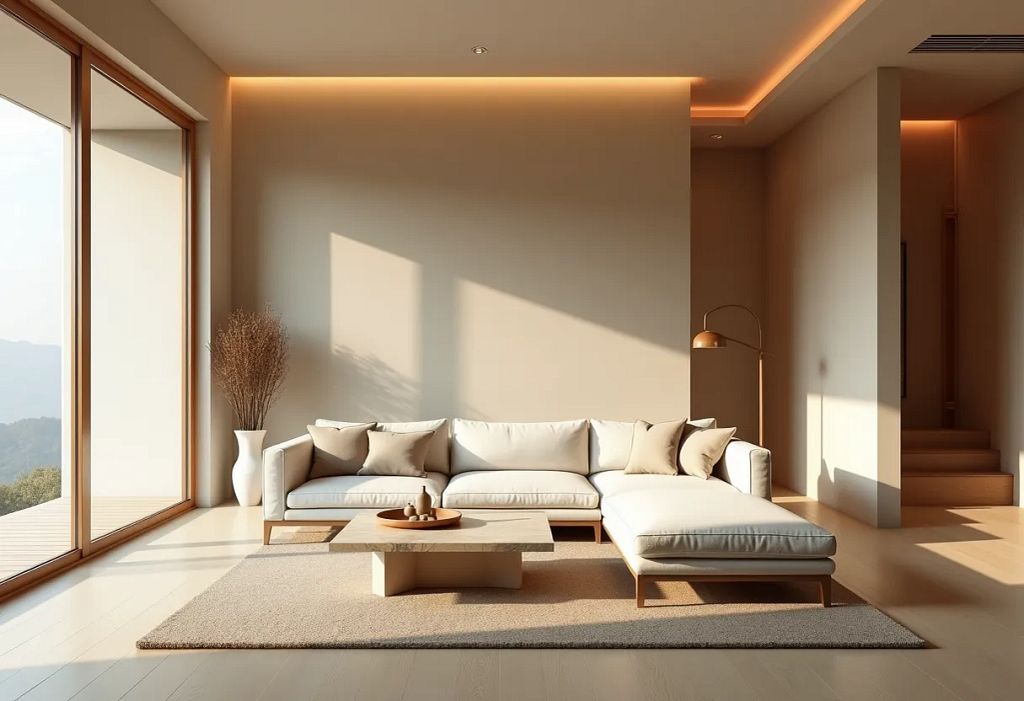 A sunlit minimalist living room features a cream L-shaped sofa with taupe pillows on a beige rug, centered on a low travertine coffee table with a wooden tray. Floor-to-ceiling windows with light oak frames illuminate warm beige walls and pale oak floors, while concealed ceiling cove lighting and a brass arc floor lamp add a soft glow; a white ceramic vase with dried branches completes the calm, uncluttered space.