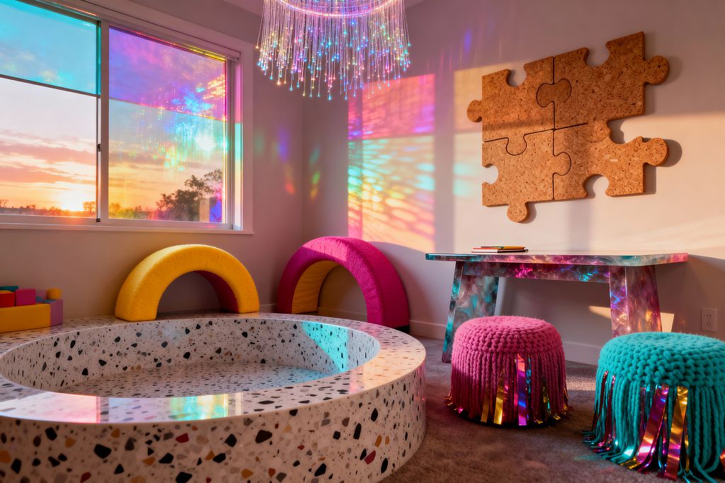 A kids’ room with a circular sunken play pit clad in white terrazzo with multicolored chips, flanked by soft arched climbers in yellow and magenta. A fiber‑optic chandelier and rainbow-tinted window film cast prismatic light across pale walls. An iridescent resin desk sits below cork puzzle-piece wall art, paired with chunky knit poufs in hot pink and turquoise with shiny fringe. The floor is soft gray carpet with sunset light streaming through the window.