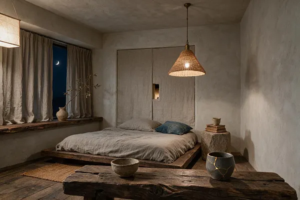 A serene master bedroom with a low wooden platform bed dressed in wrinkled linen bedding, soft neutral walls, and a woven pendant light overhead. The room includes a curtained window with a small vase on the sill, rustic wood furniture, ceramic vessels, and an earthy, minimal palette.