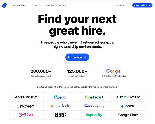 The image displays a landing page for Startup Jobs, focusing on employer recruitment.