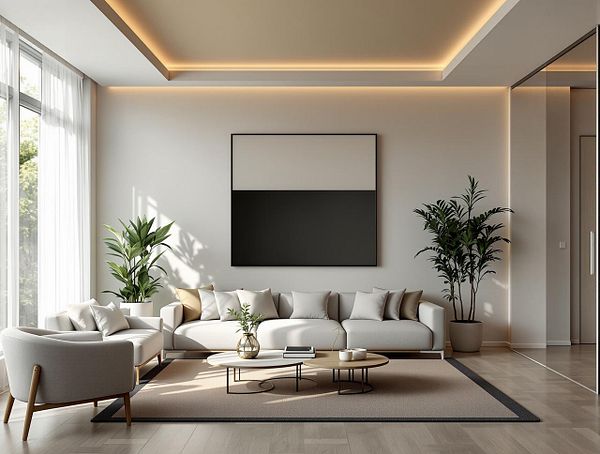 A modern living room featuring a minimalist design with a neutral color palette.
