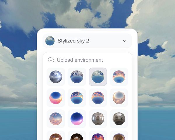 The image displays a user interface for selecting skybox presets in a 3D environment design tool.