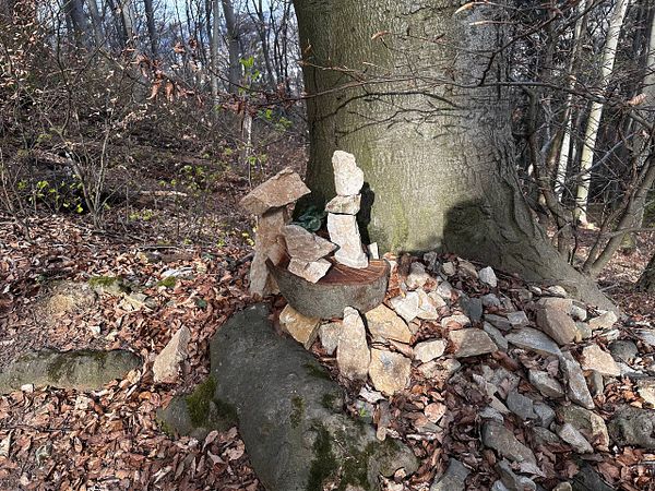A small rock sculpture is positioned at the base of a large tree in a forested area.