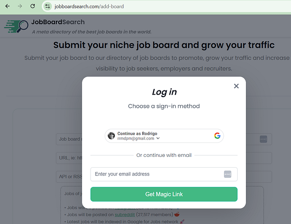 Log in form overlay on a job board submission webpage offering Google sign-in and email magic link options.