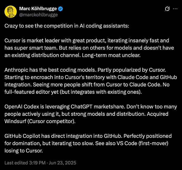 A tweet discussing the competitive landscape of AI coding assistants.