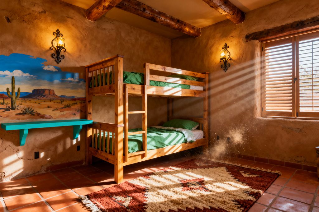 A children’s bedroom in Southwestern style features a wooden bunk bed with green bedding against textured adobe walls. A hand-painted desert mural with cacti and mesas sits beside a turquoise floating shelf. Terracotta floor tiles support a rust-and-cream geometric rug. Exposed ceiling beams and wooden shutters filter sunbeams across the room, while two wrought-iron wall sconces with lantern glass add warm ambient light.