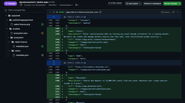 The image displays a code editor interface showing updates to a JSON file for an ecosystem page.