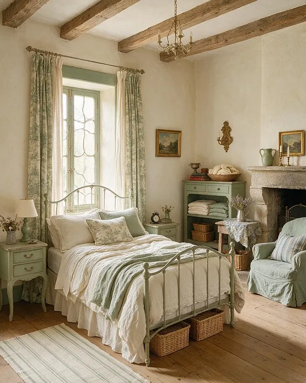 A cozy French Country master bedroom with a pale metal bed dressed in cream bedding and a soft green throw, set beneath a tall window with patterned curtains. The room includes rustic wood ceiling beams, a stone fireplace, painted green furniture, woven baskets, and antique-style decor in warm neutral and sage tones.