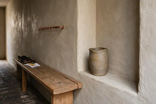 A narrow front porch with textured beige plaster walls, a long rustic wooden bench, and a simple ceramic vessel set into a wall niche. A small copper wall hook and dark brick flooring add understated, natural character.
