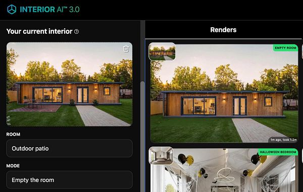 The image displays a user interface for an interior design application showcasing an outdoor patio and rendering options.