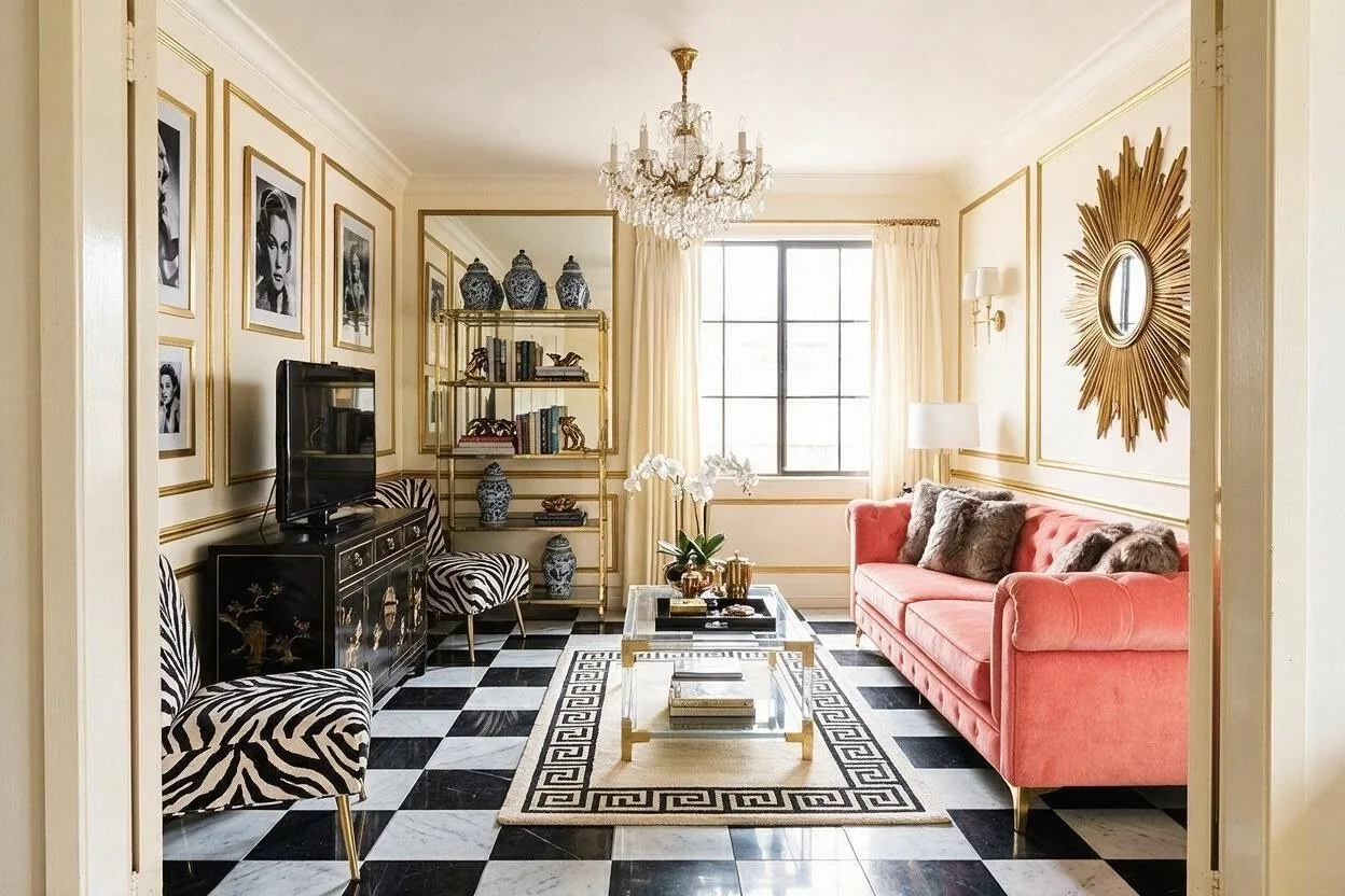 The same Hollywood Regency living room in the Coral Lounge palette: cream, coral, black lacquer, brass, and ivory