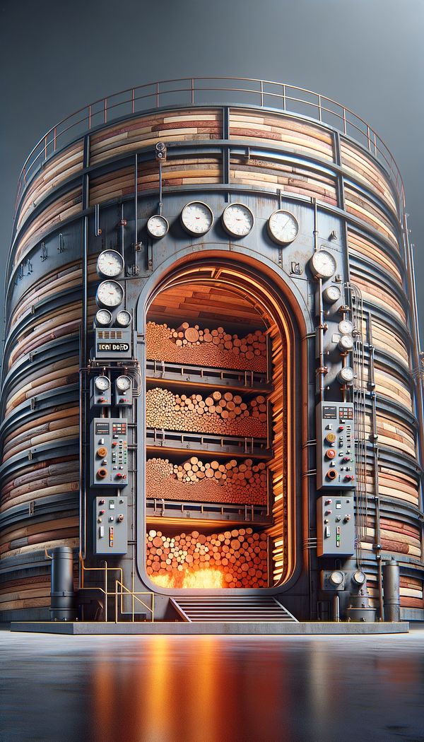 A large industrial kiln filled with stacks of lumber, with visible heat and airflow controls.