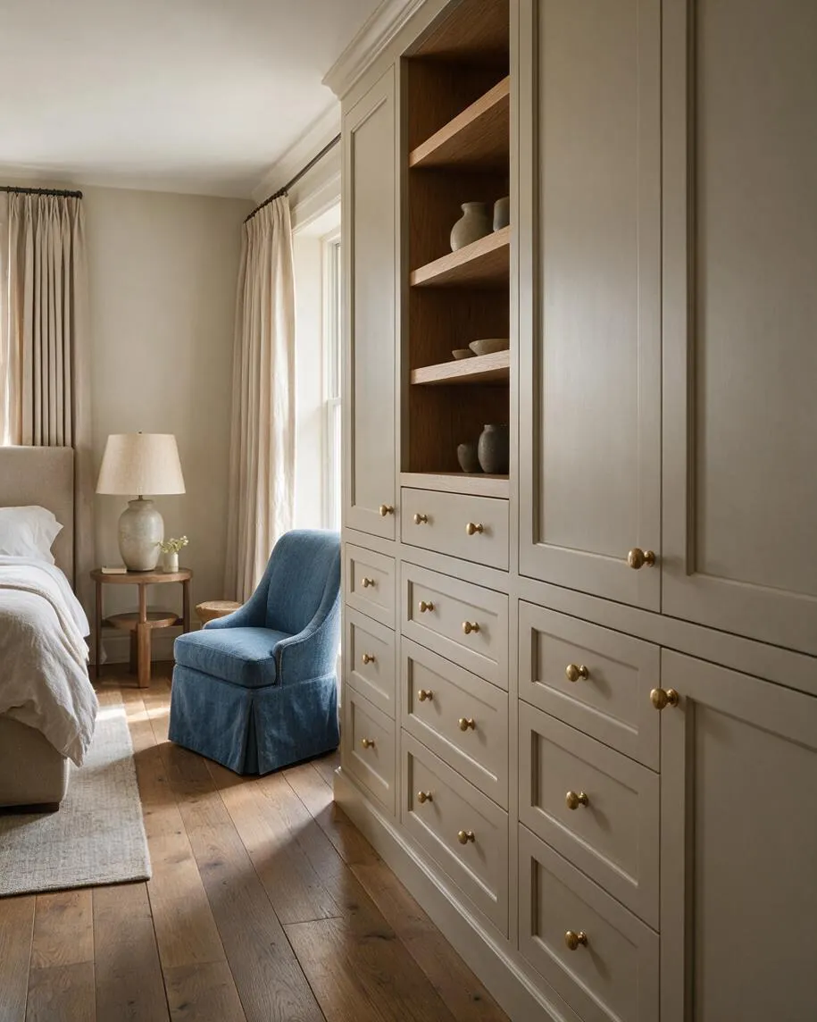 A cozy studio apartment corner with a large built-in cream cabinet wall, brass knobs, and open wood shelving displaying pottery. A blue upholstered chair sits beside a bed with neutral linens, a wood side table, soft drapes, and warm sunlight on natural wood floors.