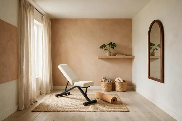 A bright home gym with a cream adjustable workout bench on a woven jute rug, a rolled yoga mat, and woven storage baskets. Sheer curtains soften the window light, while warm beige plaster walls, light wood flooring, a floating shelf, and a curved wood-framed mirror create a calm organic modern feel.