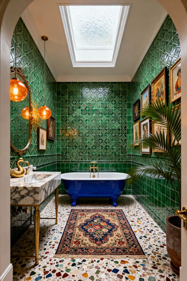 A narrow bathroom features emerald green, relief-patterned wall tiles and a cobalt blue clawfoot tub with brass taps beneath a frosted skylight. On the left, a white marble console with brass legs and a swan-style faucet sits under three amber glass pendants and an ornate oval mirror. Multicolored terrazzo flooring is layered with a traditional rug. A gallery wall of framed art and a potted palm complete the richly decorated scene.