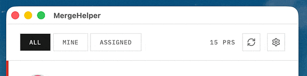 The image displays a user interface for a minimalistic GitLab/GitHub pull request management app called MergeHelper.