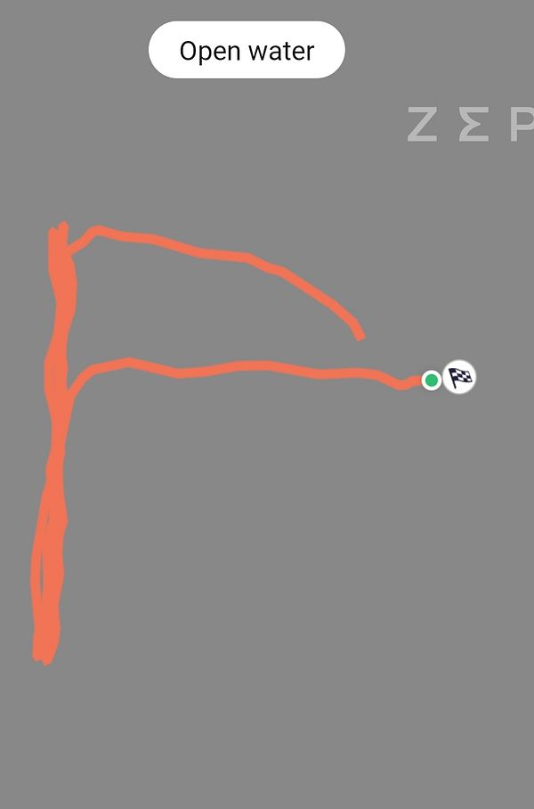 Running path map and workout statistics for a combined swim and run triathlon session.