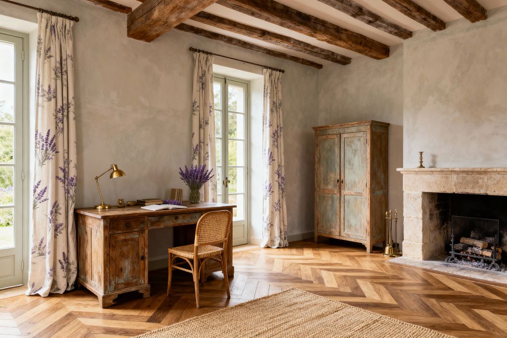 A French Country home office with limewashed walls, exposed wood beams, and herringbone wood floors. A weathered wooden desk with a brass task lamp and books sits by tall French doors, framed with sage-green trim and cream linen curtains printed with lavender. A woven rattan chair and a vase of fresh lavender rest at the desk. To the right, a distressed blue‑green armoire and a limestone fireplace with brass tools complete the warm, sunlit room.