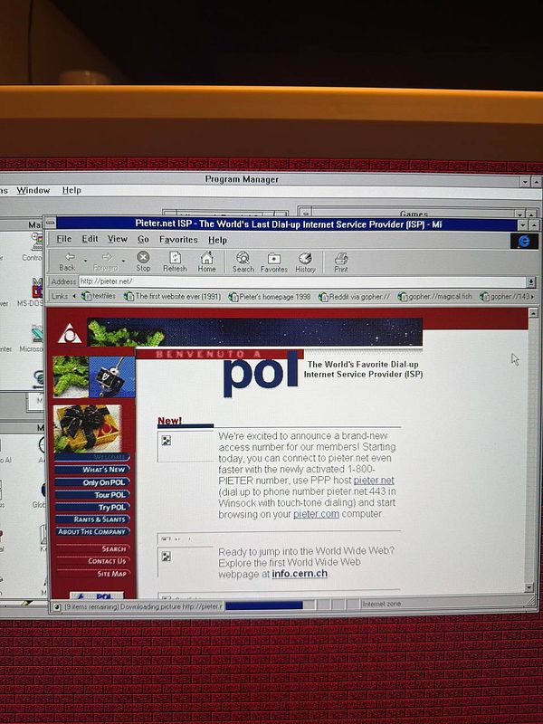 A retro computer screen displays a webpage for Pieter.net, a dial-up internet service provider.